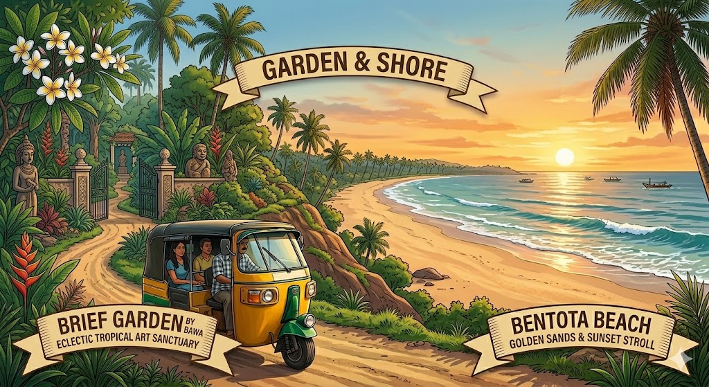 Brief Garden lush sculptures hidden tropical pathways Bevis Bawa estate, Bentota Beach golden sands